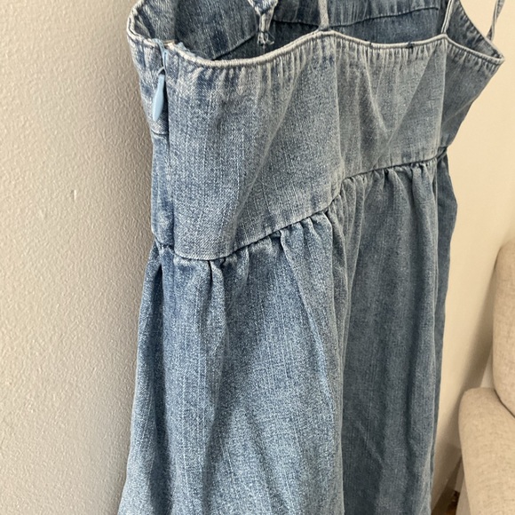 Lulus Charmed Aura Light Wash Blue Denim Tie-Strap Bubble Hem Mini Dress NWT Med - Picture 9 of 15